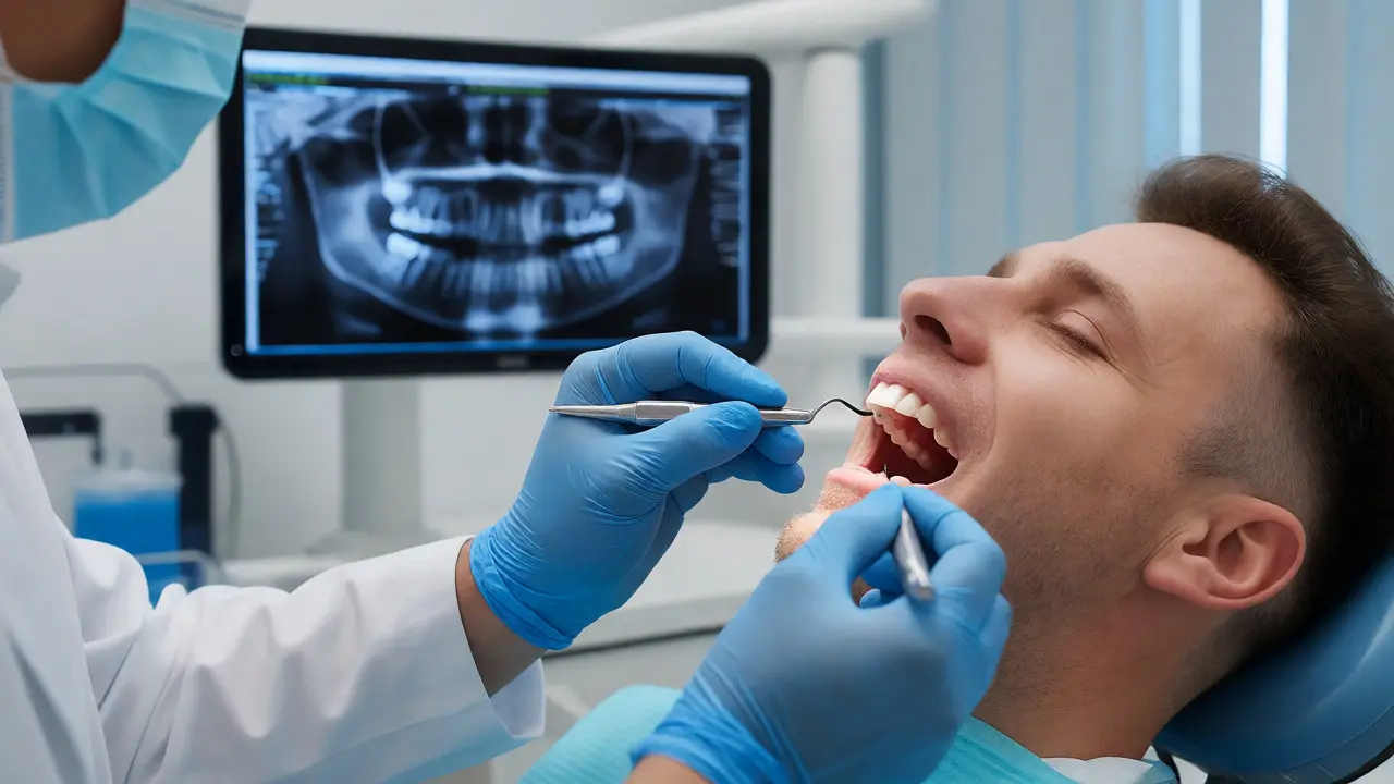 Zubní lékař kontroluje stabilitu implantátu plastovým nástrojem v ordinaci