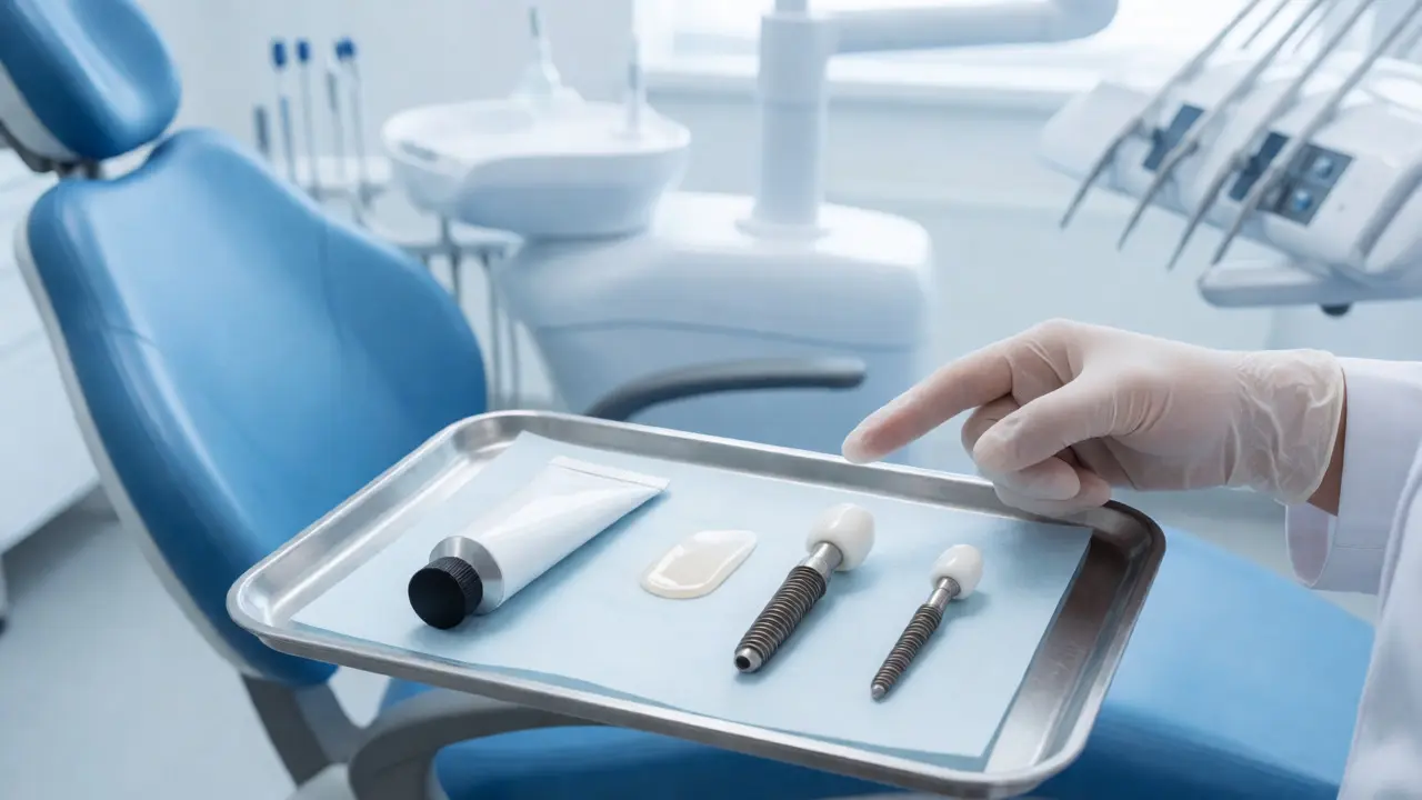 Zubní nástroje na podnosu s kompozitem, fasetou a implantátem během konzultace.