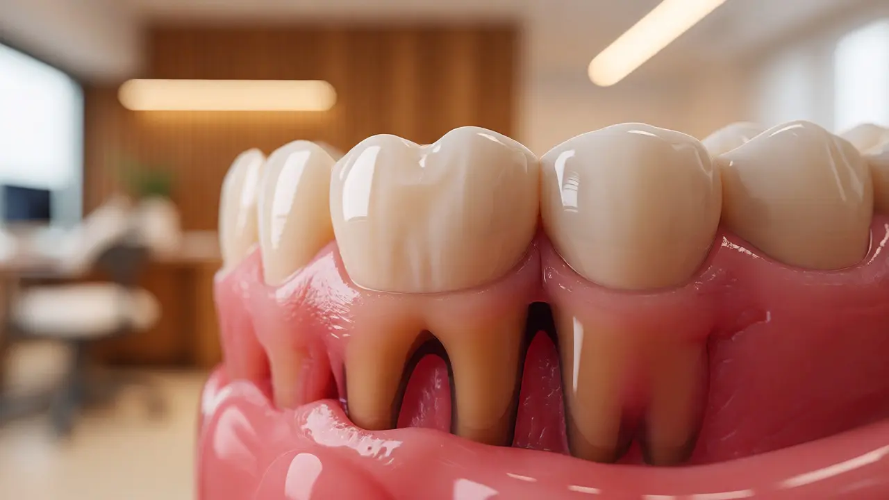 Detail zdravé dásně kolem nově zasazeného zubního implantátu s keramickou korunkou.