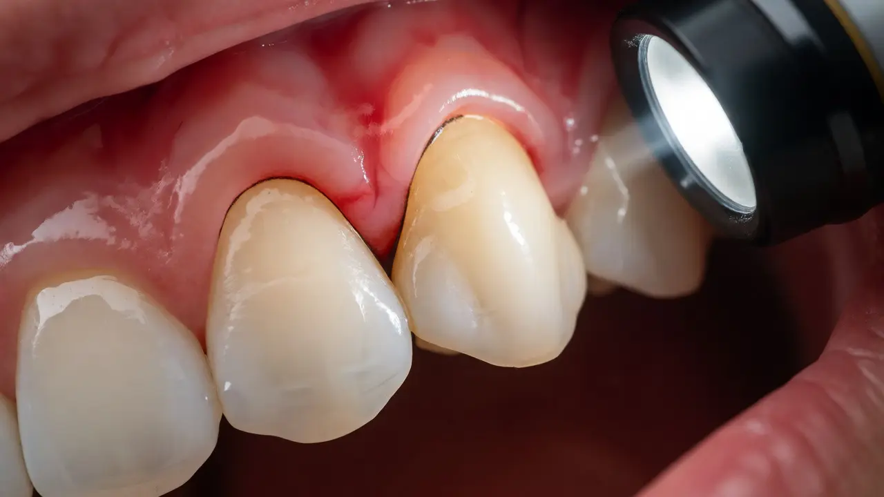 Detailní pohled na zapálenou dásň u zubu při kontrole