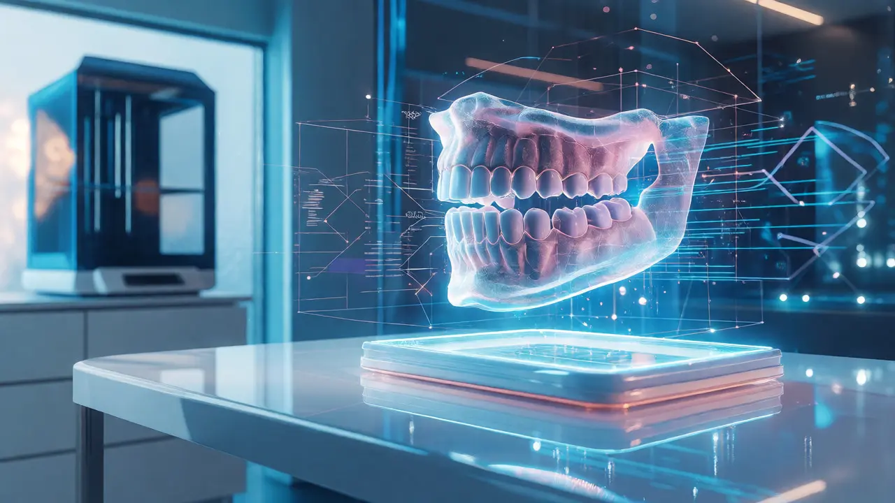 Holografický 3D model čelisti s datovými proudy představující AI ortodoncii.