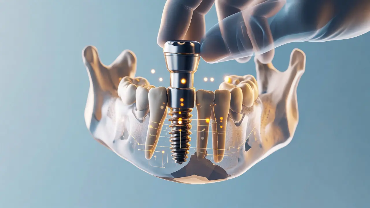 Ilustrace titanového zubního implantátu v čelisti obklopeného symboly finanční ochrany.