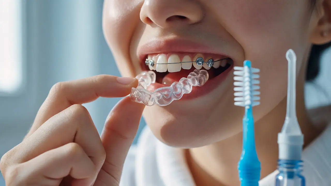 Osoba s retainerem za zuby a nástroji pro ústní hygienu.