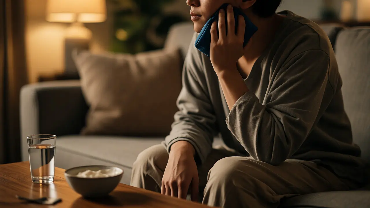 Patient applying cold compress to cheek during post-surgery recovery