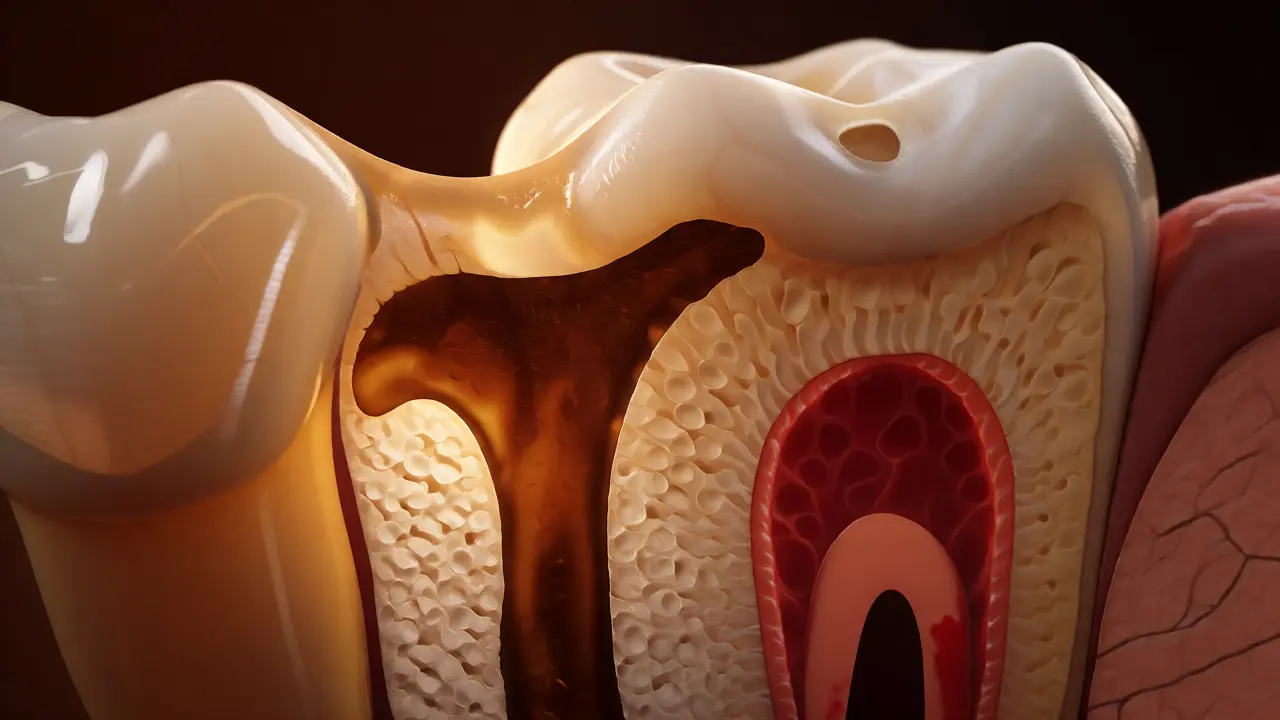 Řez zubem ukazující kaz pronikající ze skloviny do dentinu