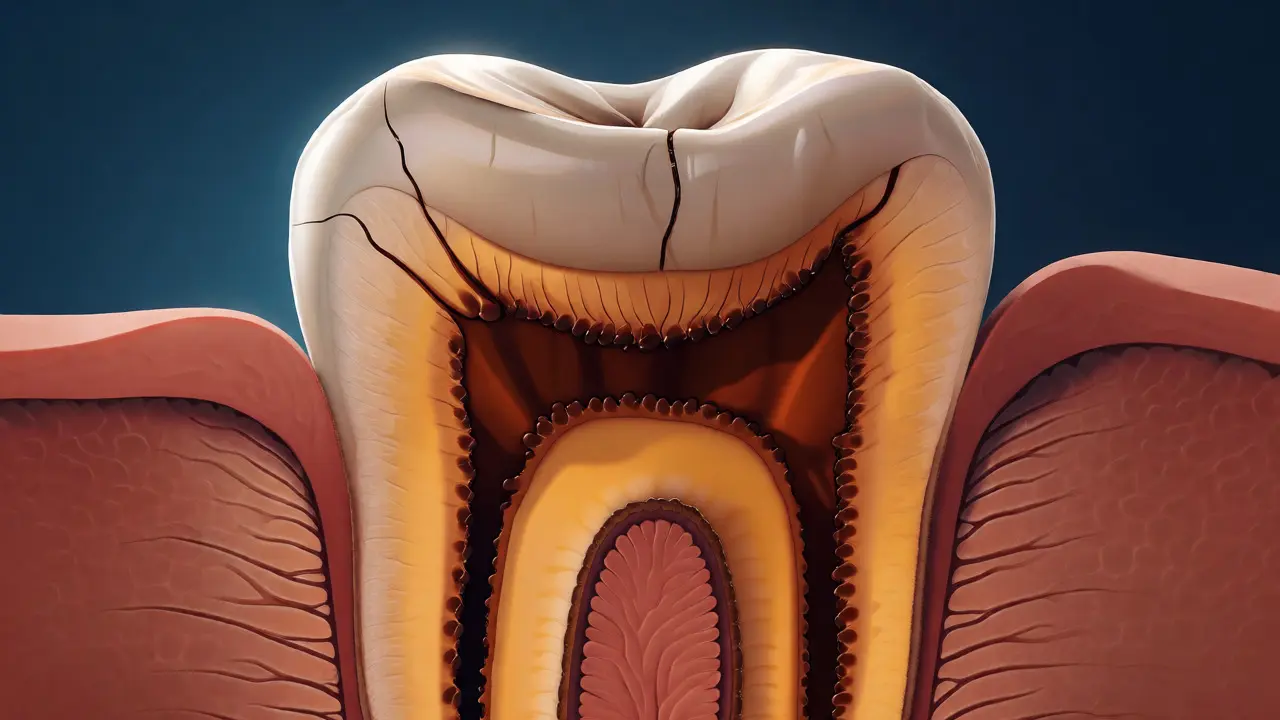 Řez zubem ukazující postup kazu ze skloviny do dentinu přes prasklinu až ke dření.