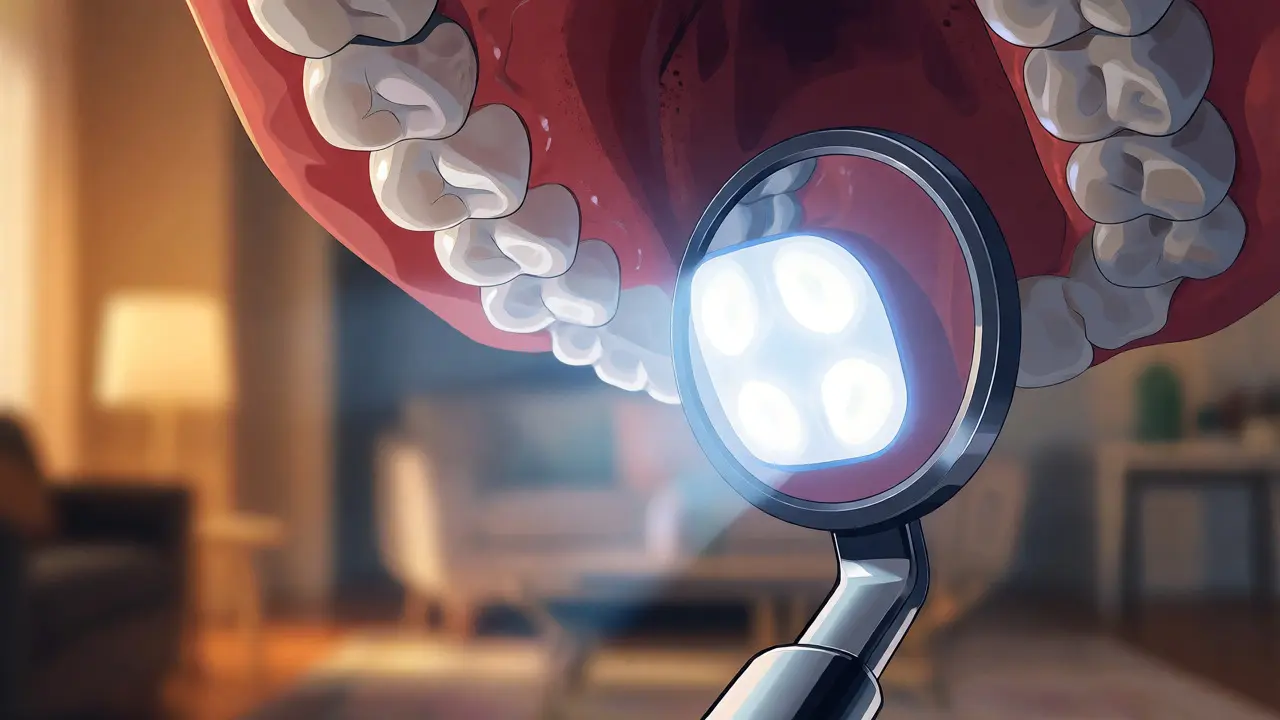 Svítící dentální zrcátko osvětluje zadní zuby v ústech
