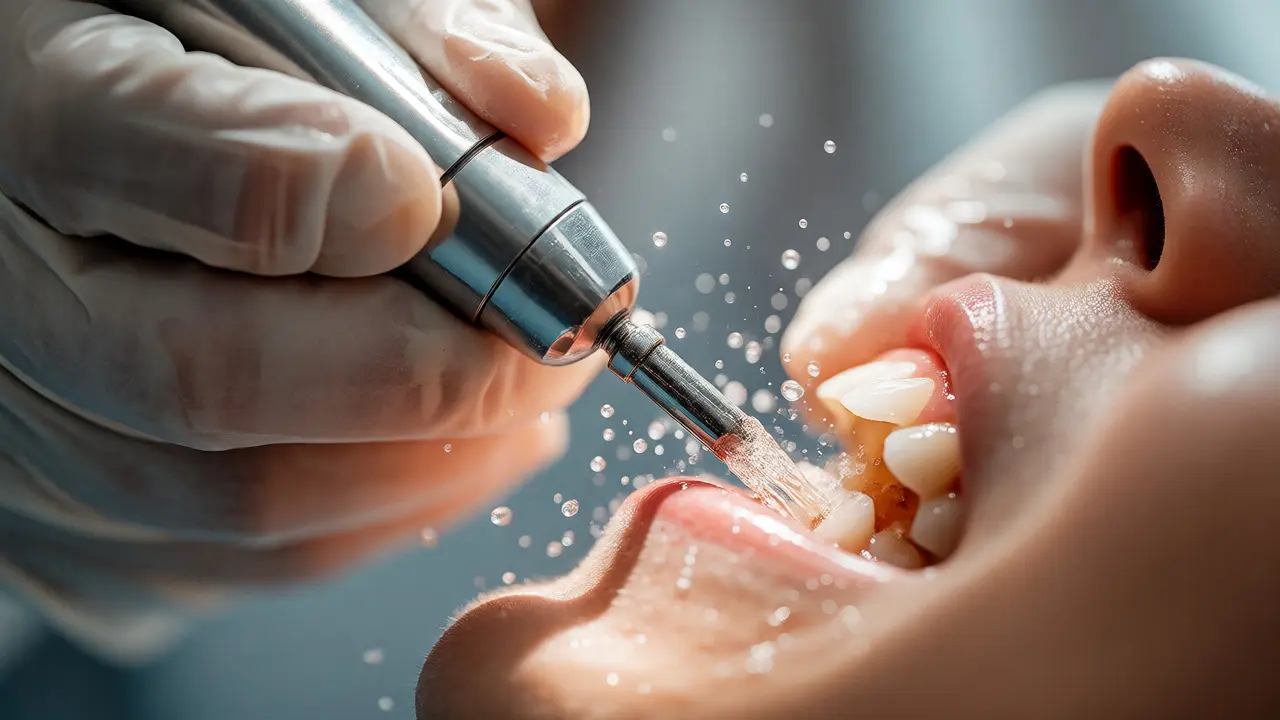 Zubní hygienista odstraňuje plak ultrazvukovým nástrojem