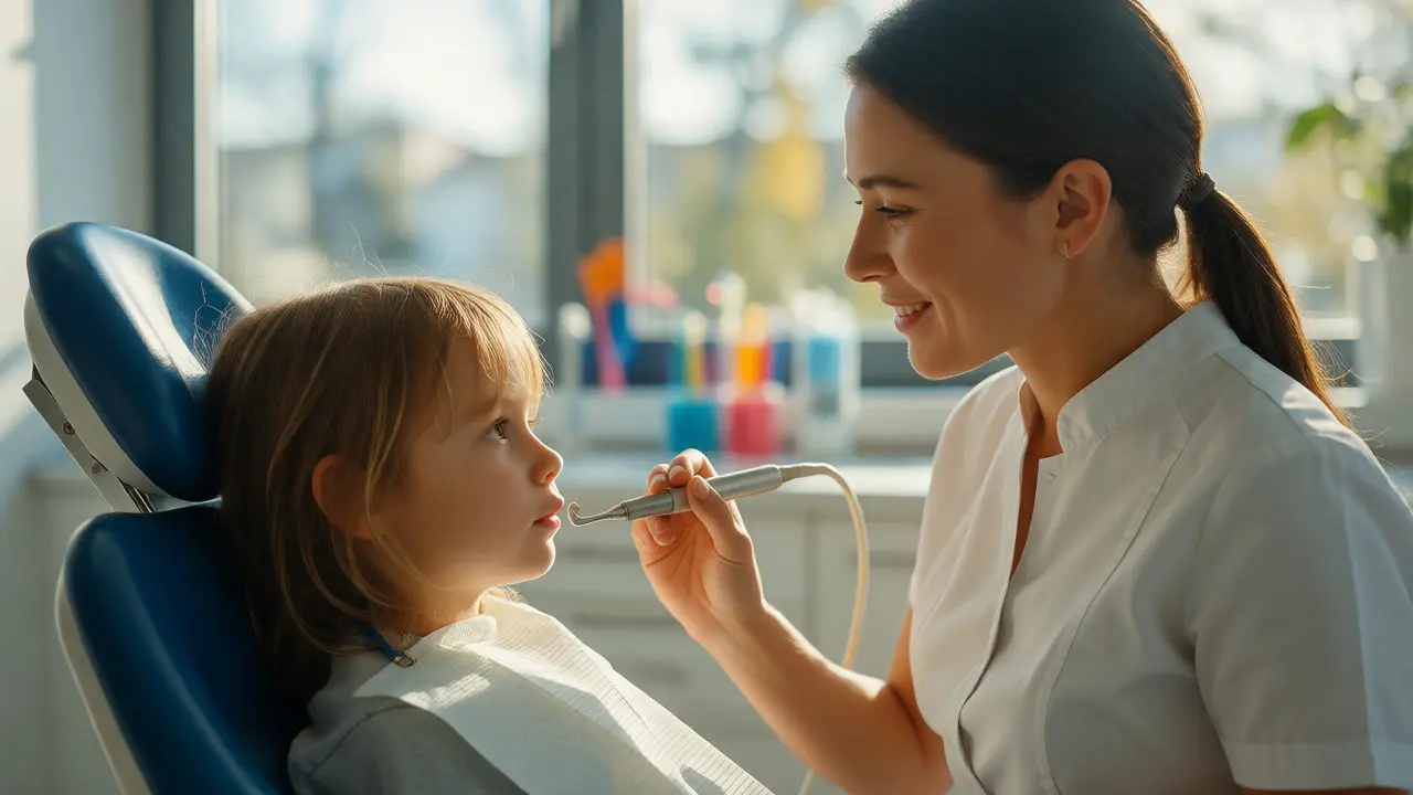 Zubní hygienistka bezpečně odstraňuje zubní kámen u klidného dítěte v ordinaci.